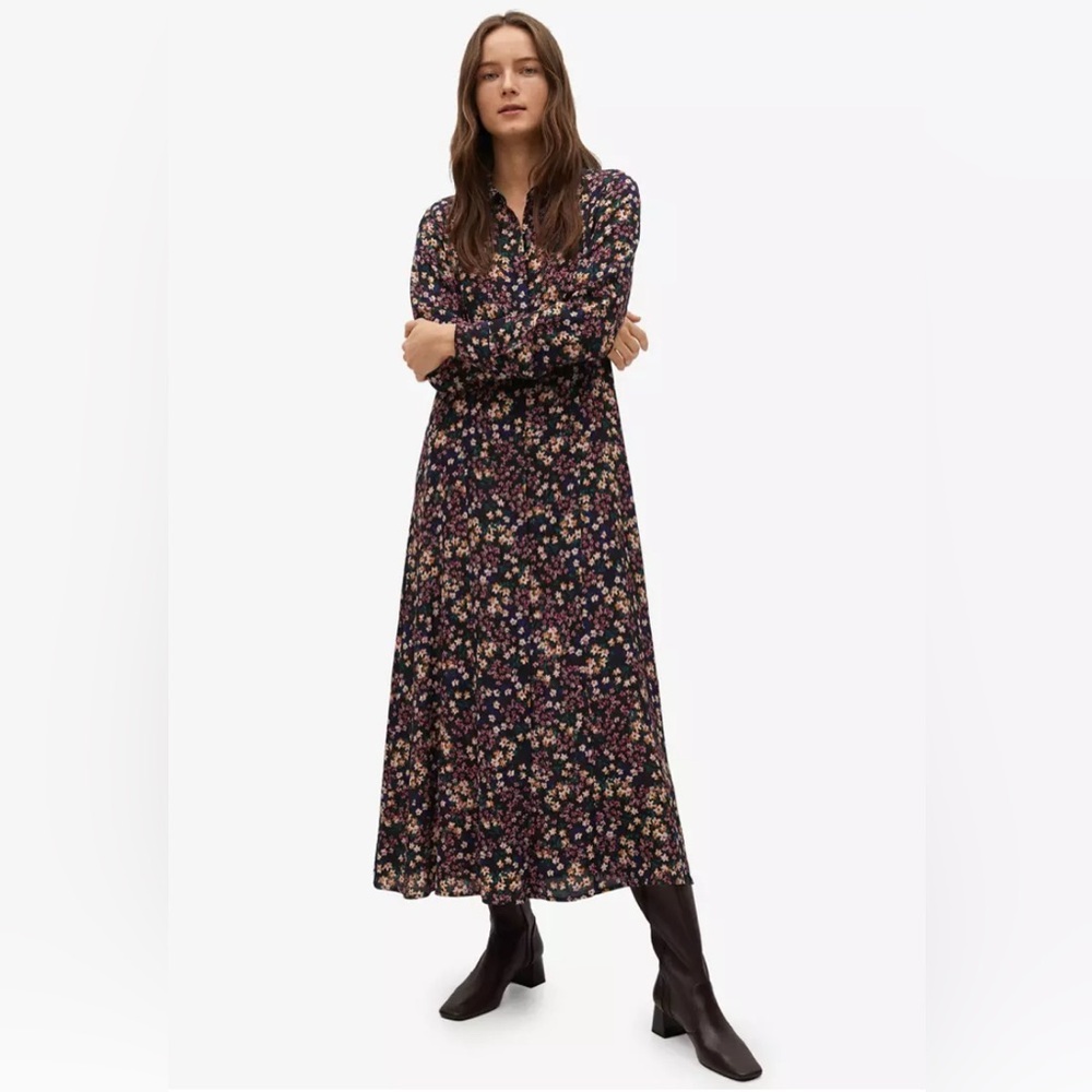 Mango Midi Dress Flowy Floral Black‎ Pink Buttons Boho Long Sleeves Women’s 4 US